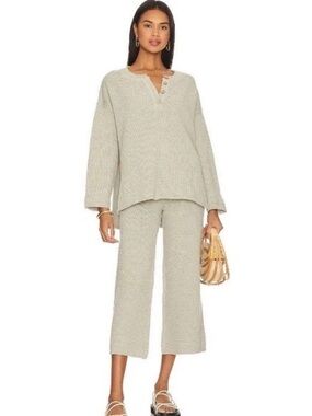 Free People FP Beach Hailee Knit Lounge Set Henley Top Wide Leg Pants Gray sz L